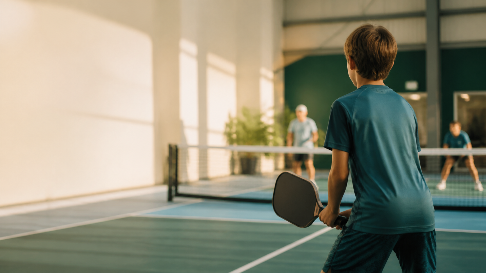 A junior player preparing to return a ball on an indoor pickleball court.